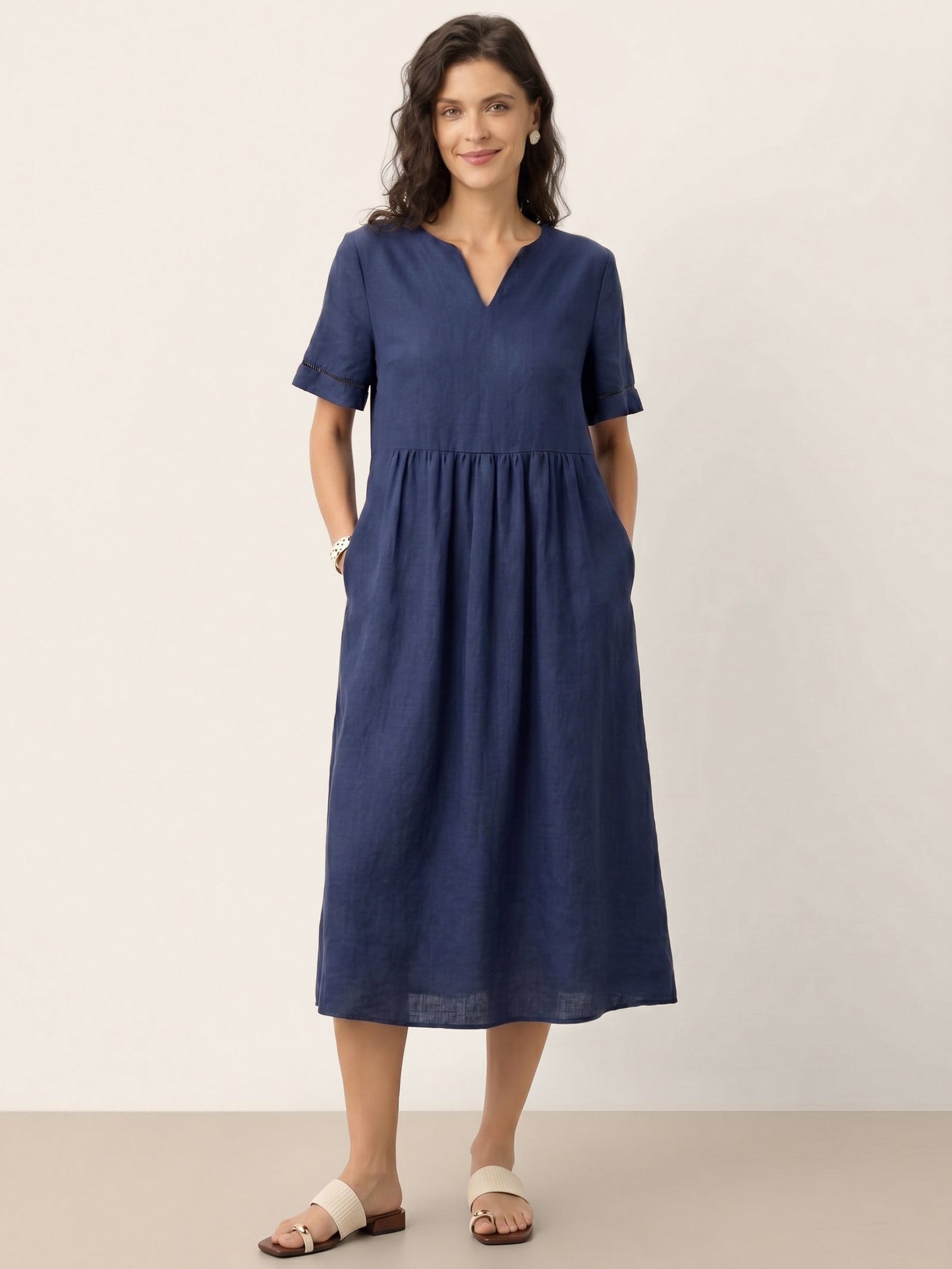100% Linen Embroidered Cuff Split Neck Midi Dress OCTAVIA