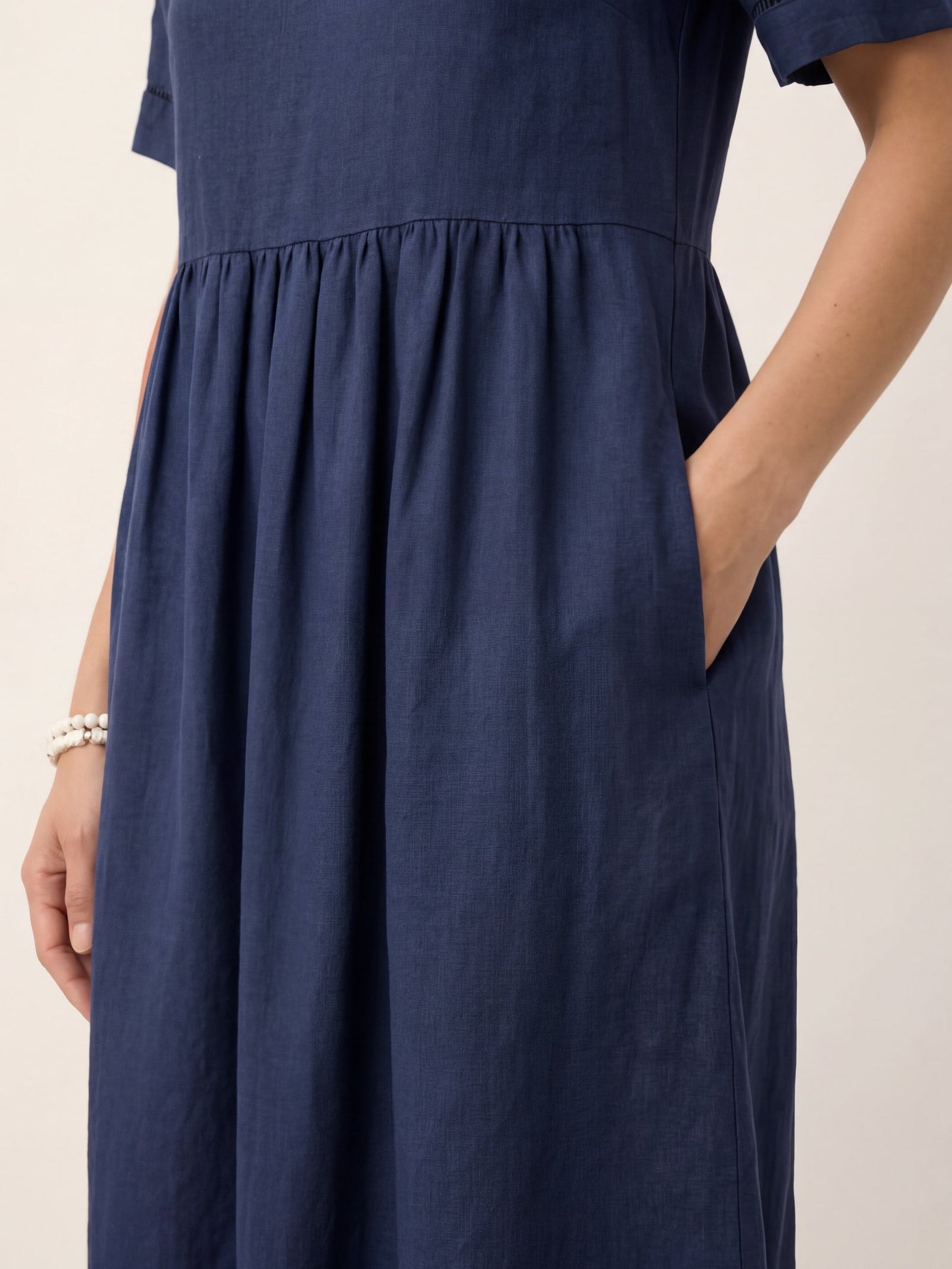 100% Linen Embroidered Cuff Split Neck Midi Dress OCTAVIA