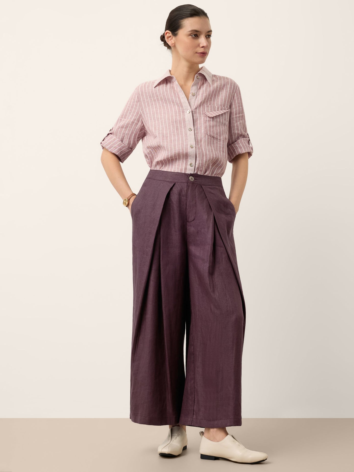 100% Linen Yarn Dyed Pleated Elastic Waist Wide Leg Culottes PALOMA