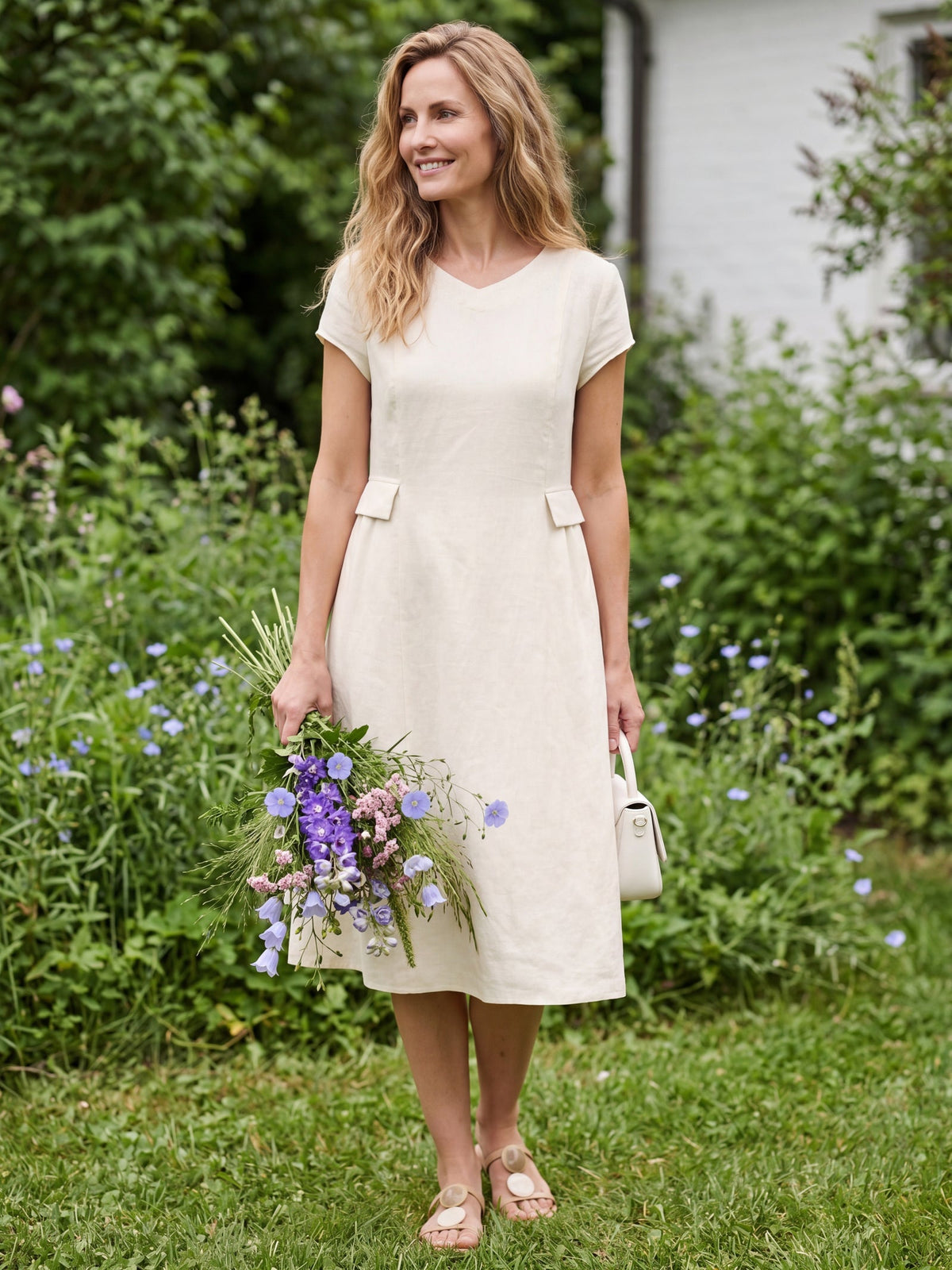a woman in a white dress holding flowers