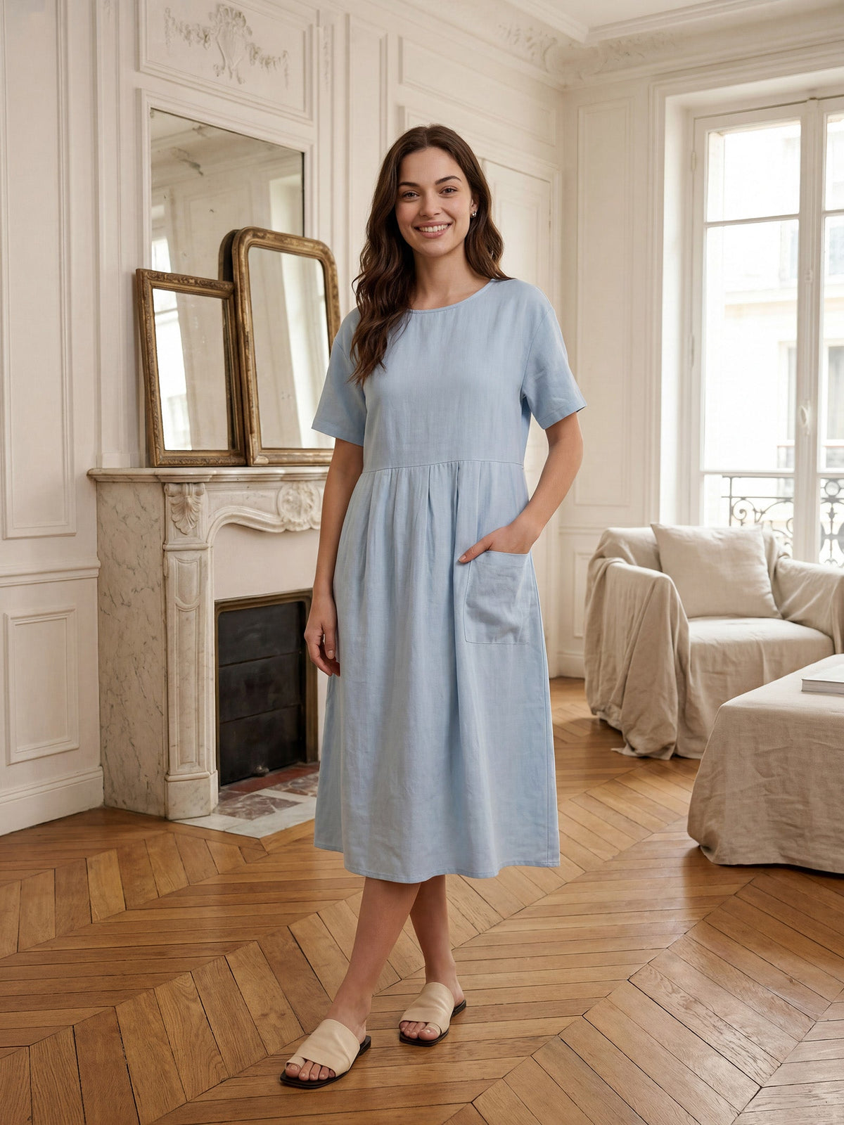 a woman in a blue dress