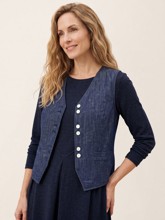 100% Linen Reversible Denim Texture Button Front Vest HARPER