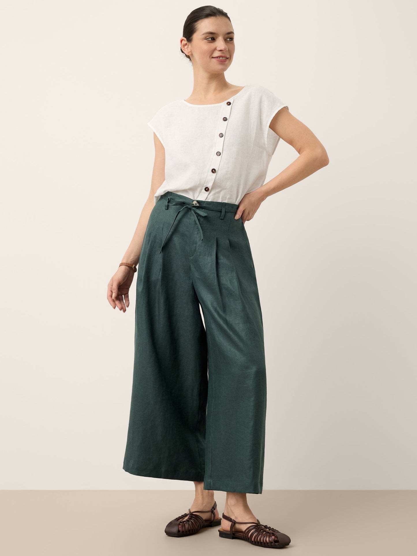 100% Linen Side Tie Elasticated Waist Wide Leg Cropped Pants CAMILLA