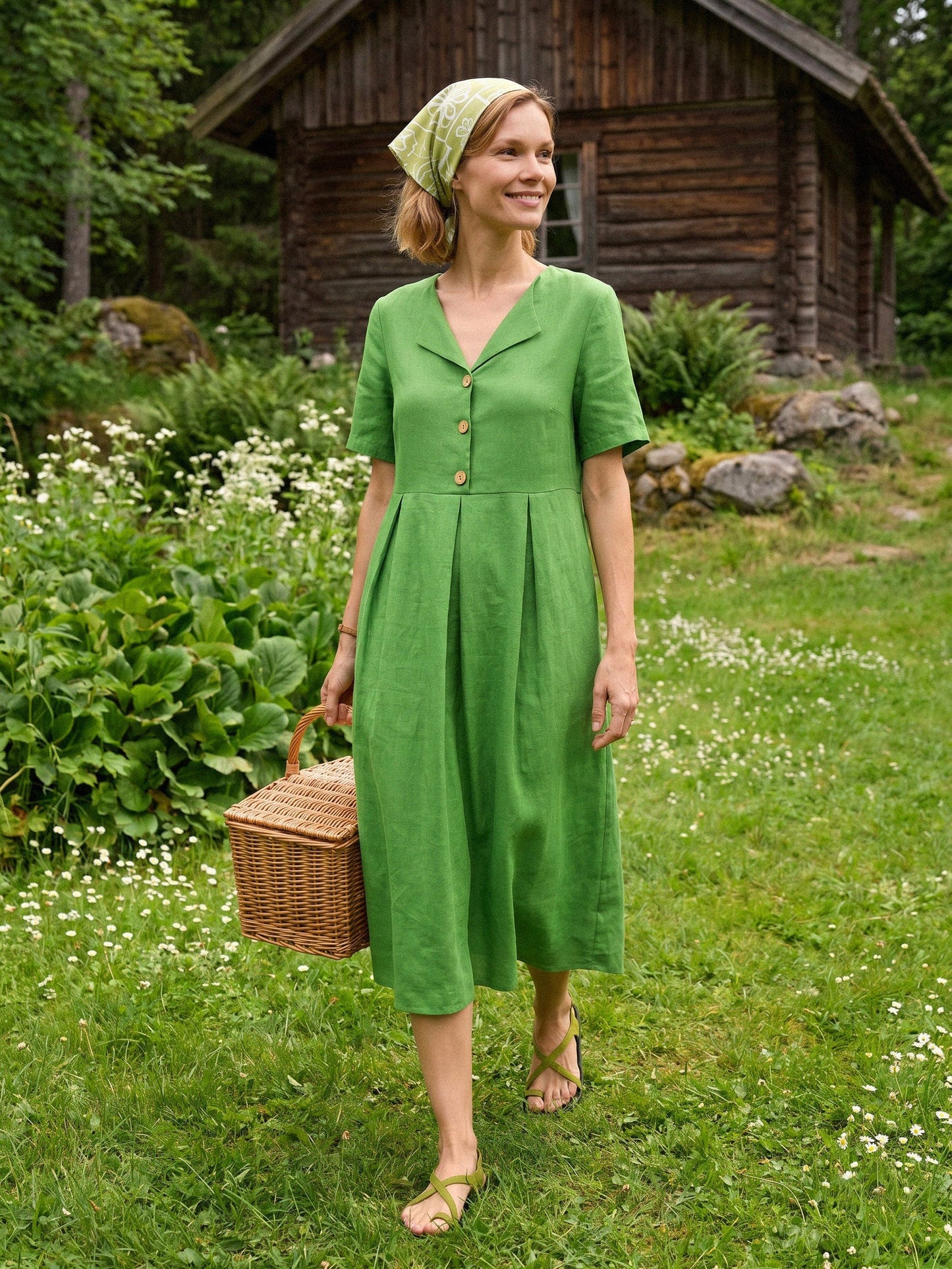 100% Linen Split Neck Button Detail Midi Dress SERAPHINE