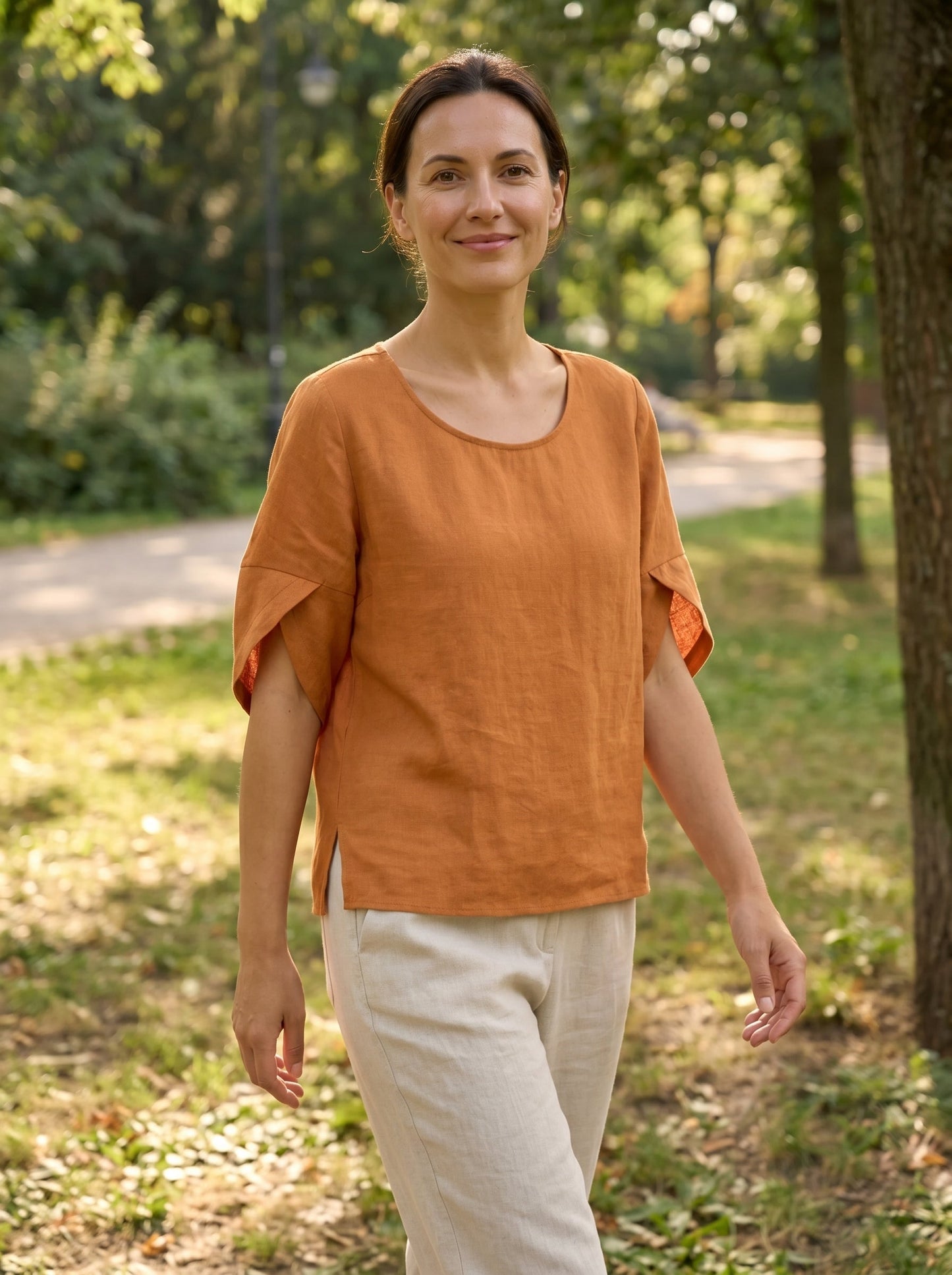 100% Linen Round Neck Petal-Sleeve Pullover LAUREL