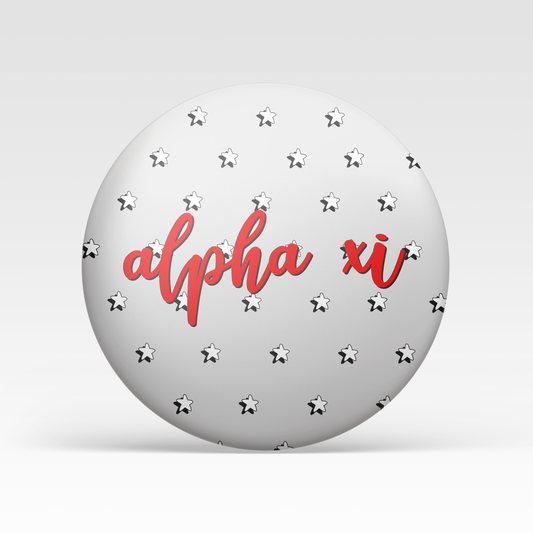 a white circle with red text and stars on it