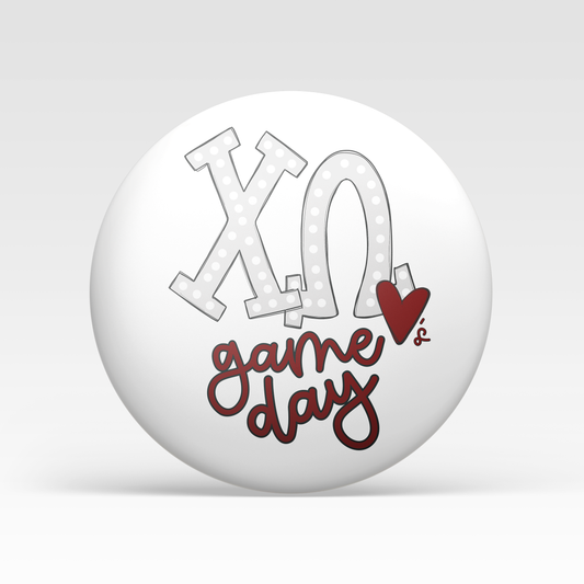 a white circle with red and white text