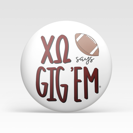a white ball with red text and a football