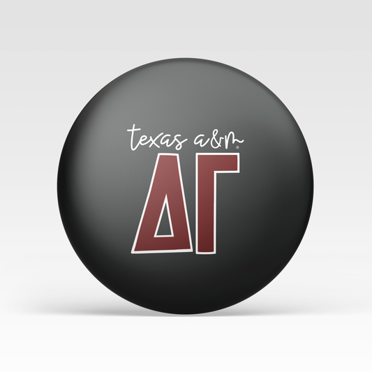 a black circle with red letters and white text