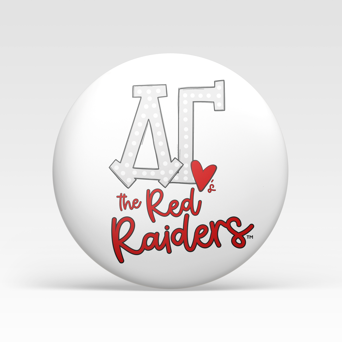 a white ball with red text and a heart