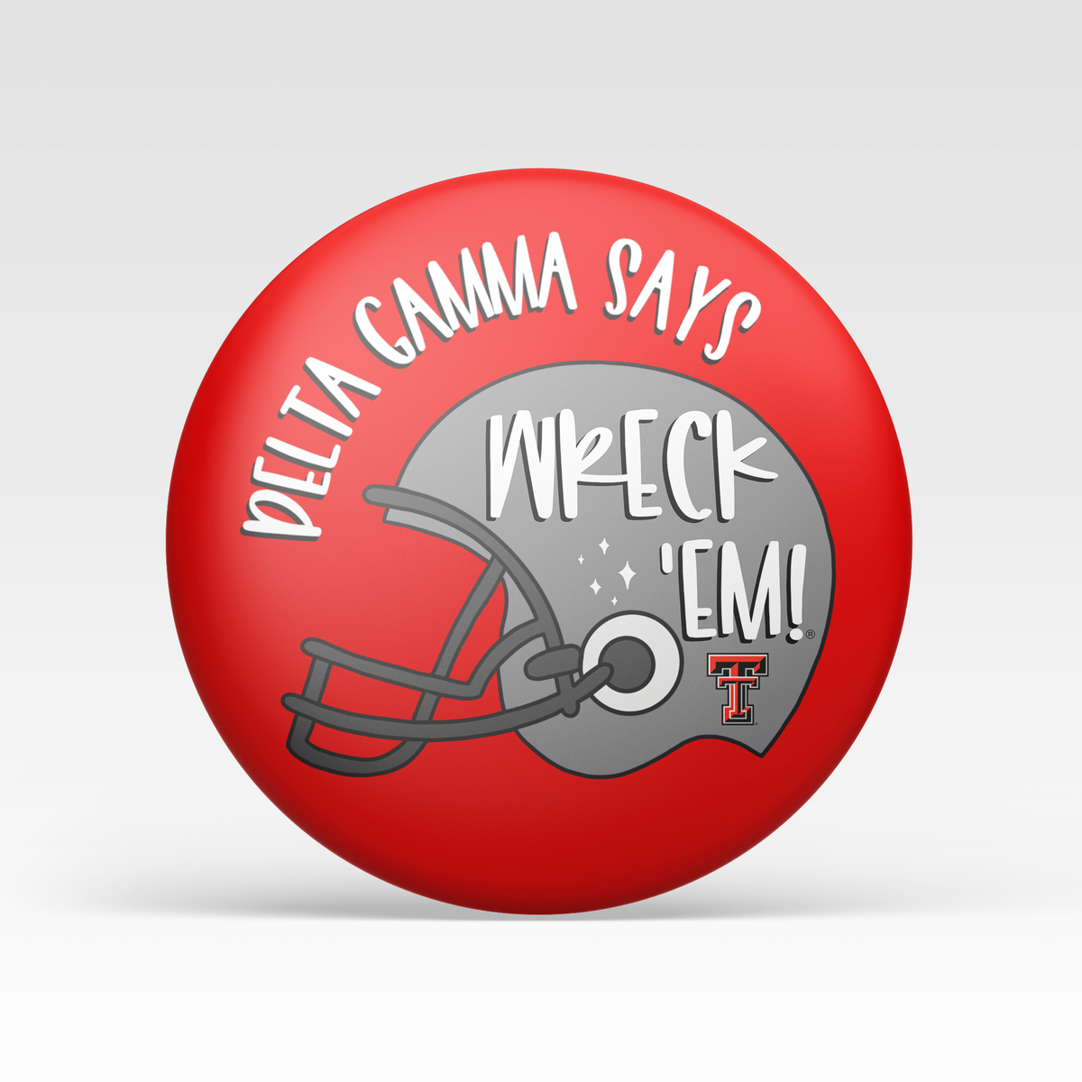 a red and grey button with a helmet on it