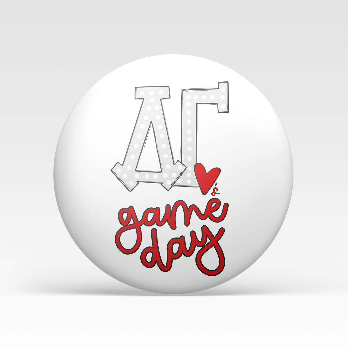 a white circle with red and white text