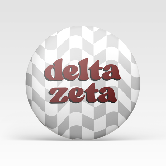 a white and grey circle with red text