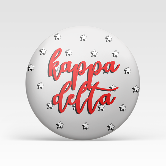 a white circle with red text and stars on it