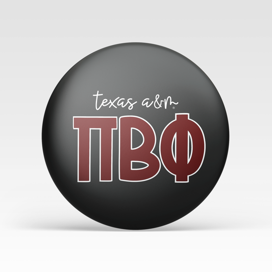 a black button with red text