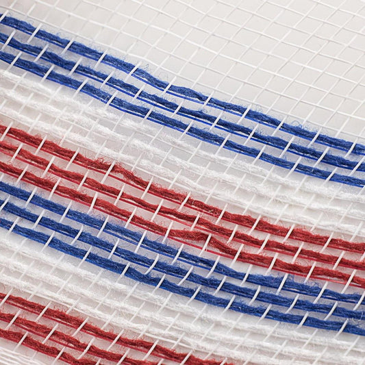 10.5" Border Stripe Faux Jute Mesh Ribbon: White/Red/Blue (10 Yards)a