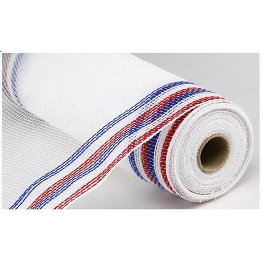 10.5" Border Stripe Faux Jute Mesh Ribbon: White/Red/Blue (10 Yards)a