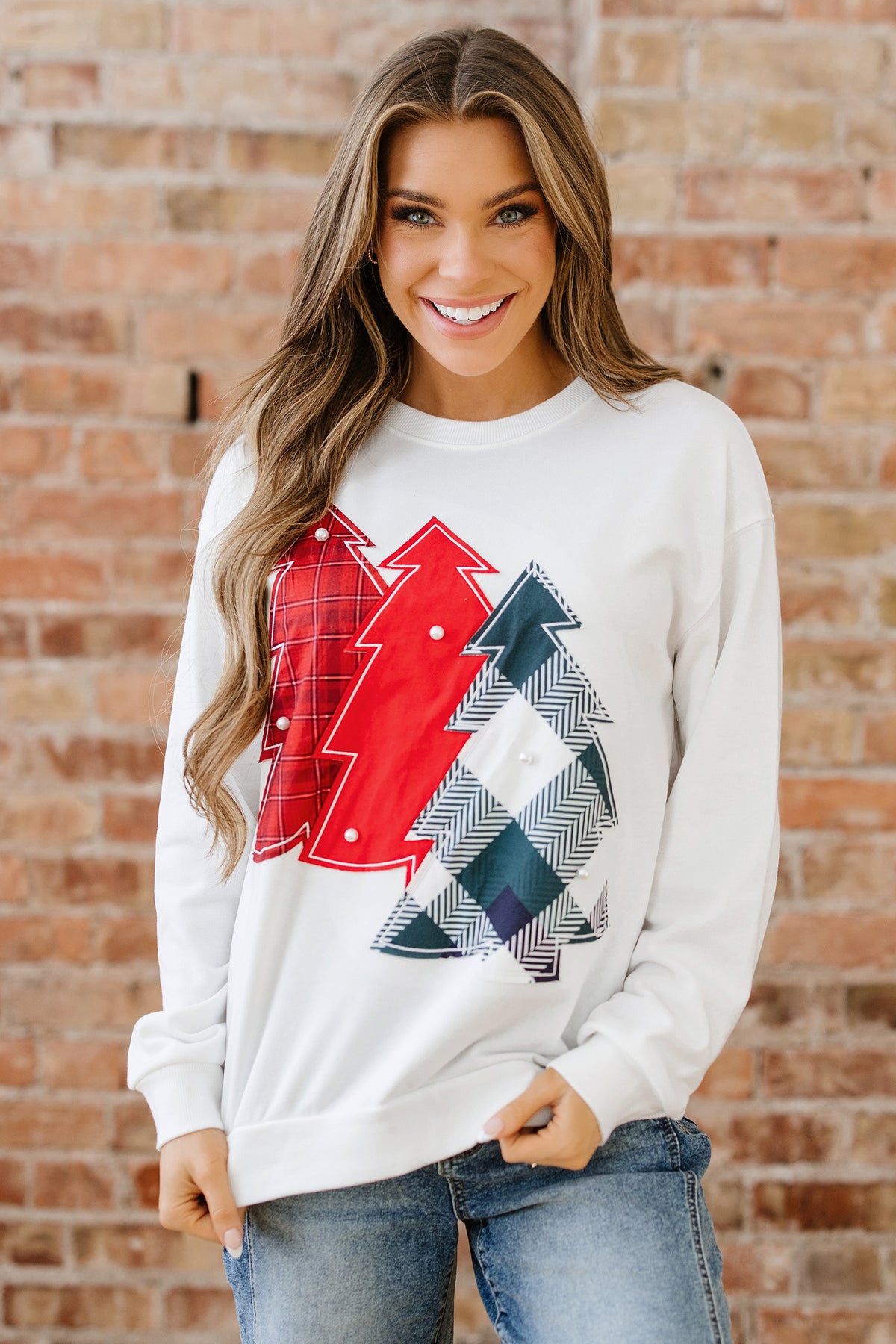 White Pearl Plaid Christmas Tree Patched Drop Shoulder Sweatshirt