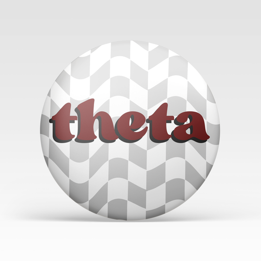 a white and grey circle with red text