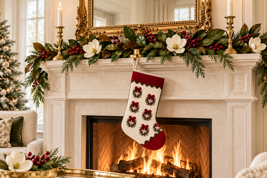 a fireplace with a christmas stocking from it