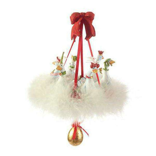 a white feathered object with a red bow and white feathers
