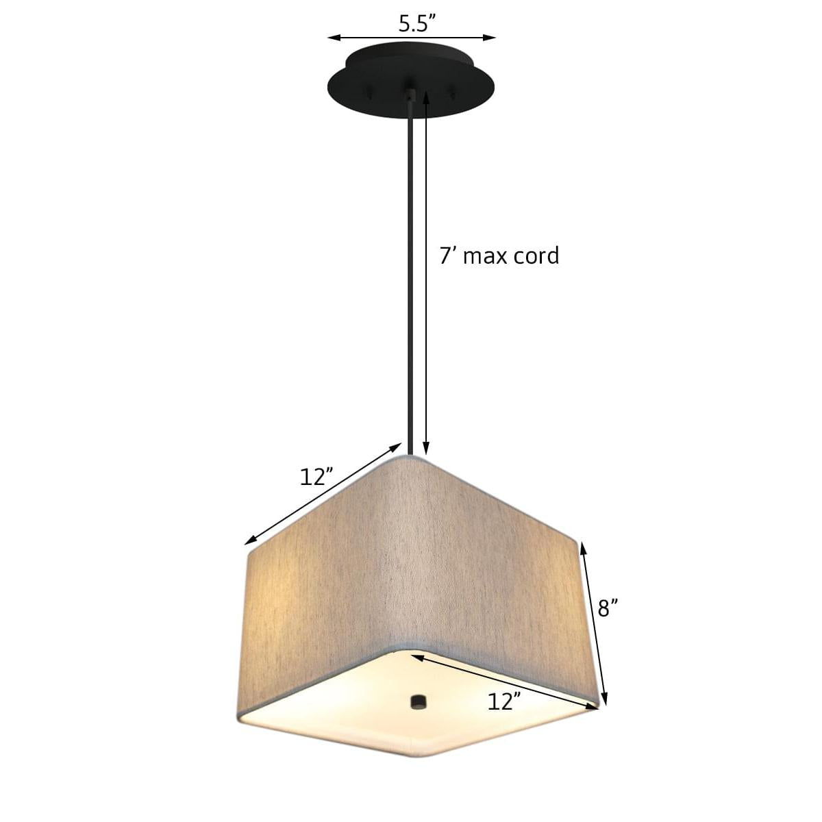 12" W 2 Light Pendant Rounded Corner Square Oatmeal Drum Shade with Diffuser, Black Cord