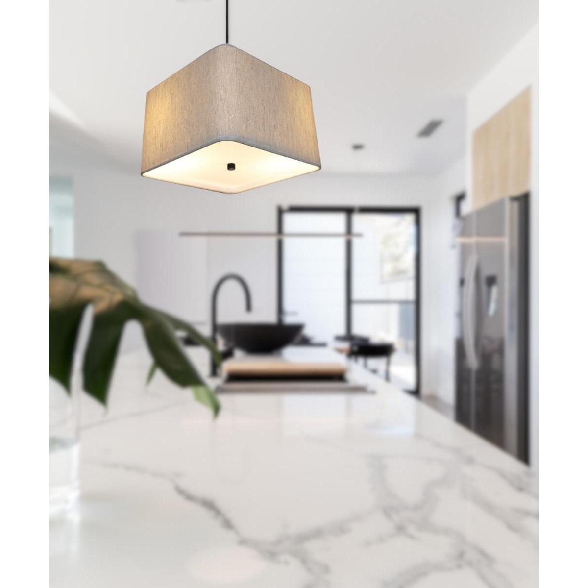 12" W 2 Light Pendant Rounded Corner Square Oatmeal Drum Shade with Diffuser, Black Cord