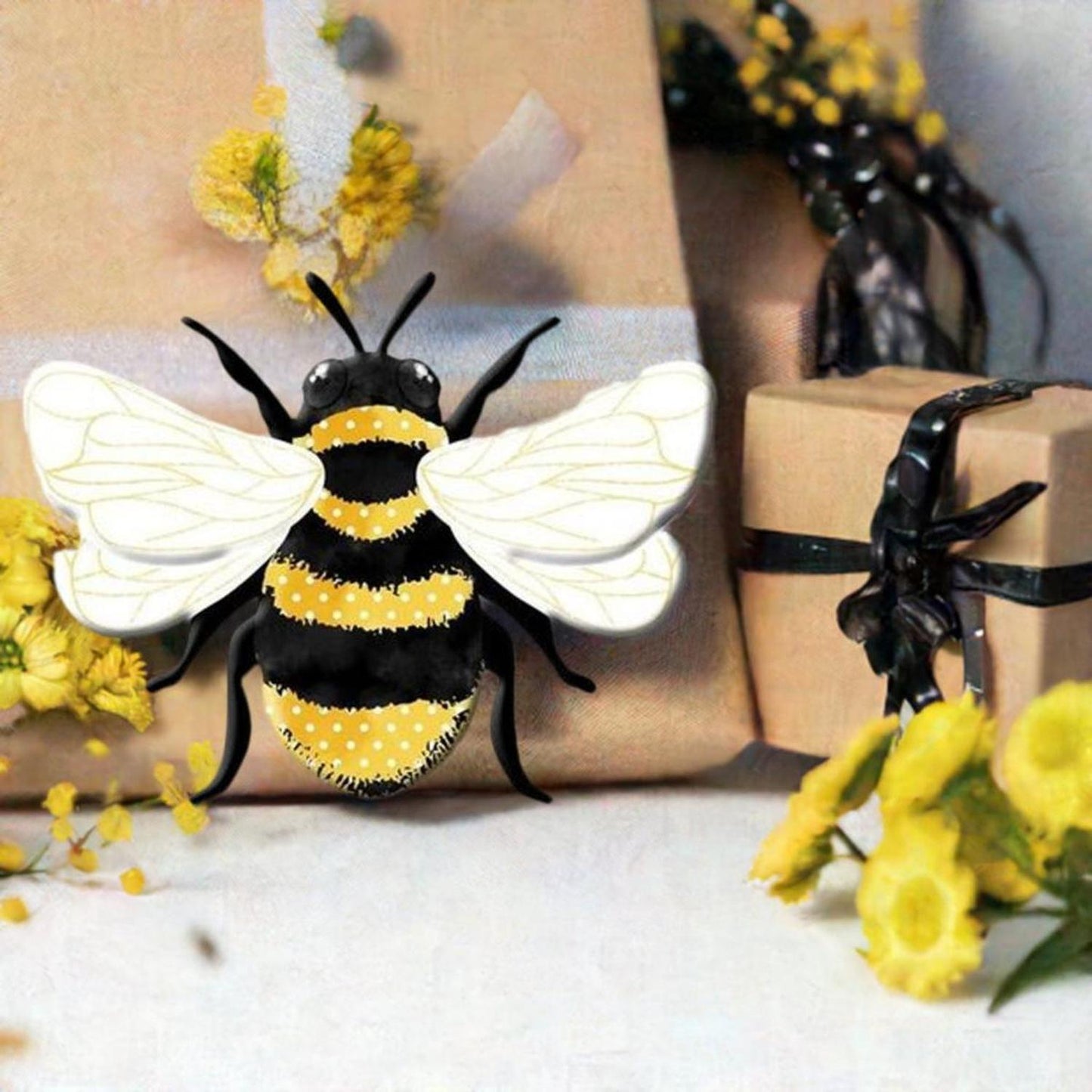12" Metal Embossed Bee Hanger: Yellow