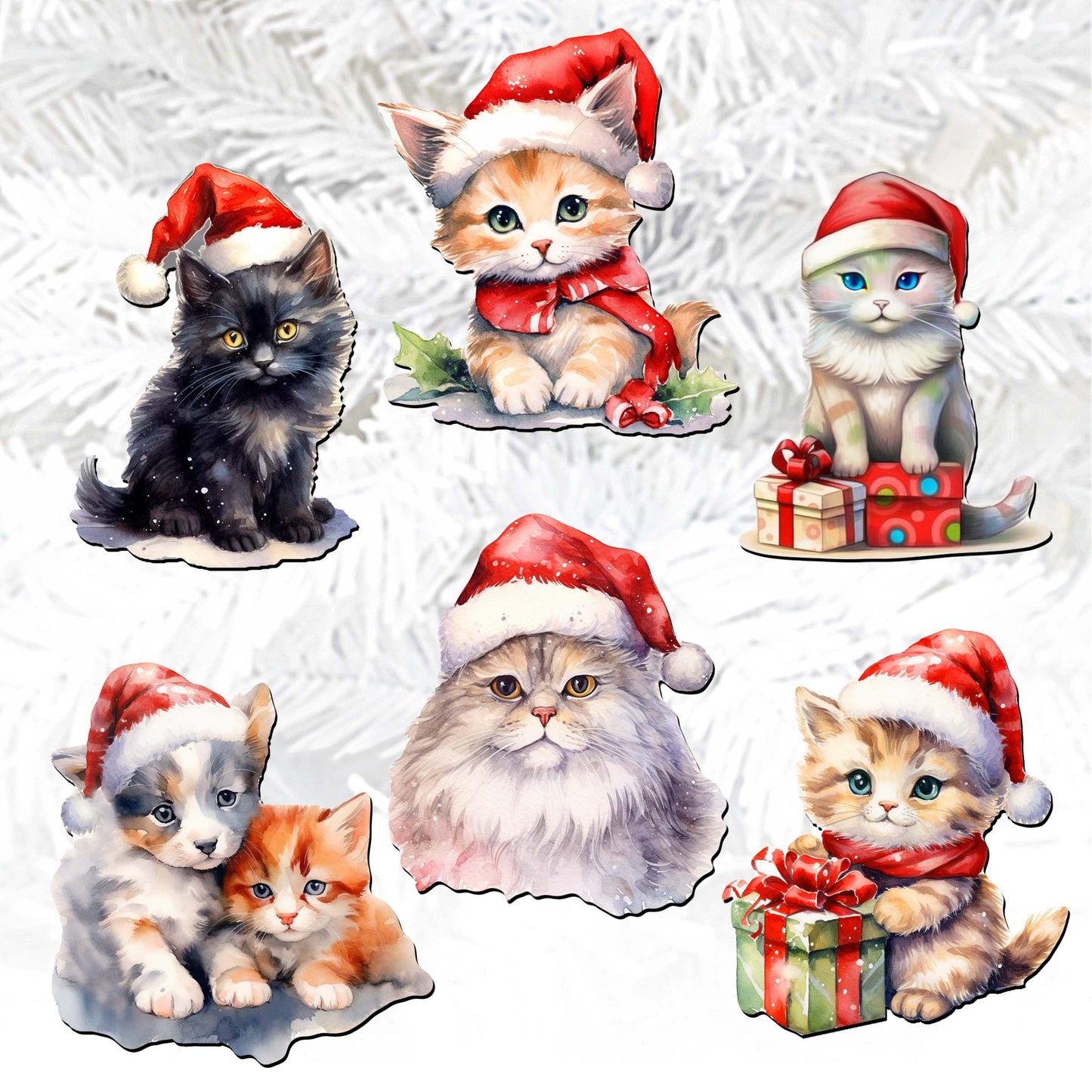Christmas Cats Clip-On Eco Wood Decorative Ornaments Set of 6 by G. Debrekht - Christmas Decor - 8090016C-S6