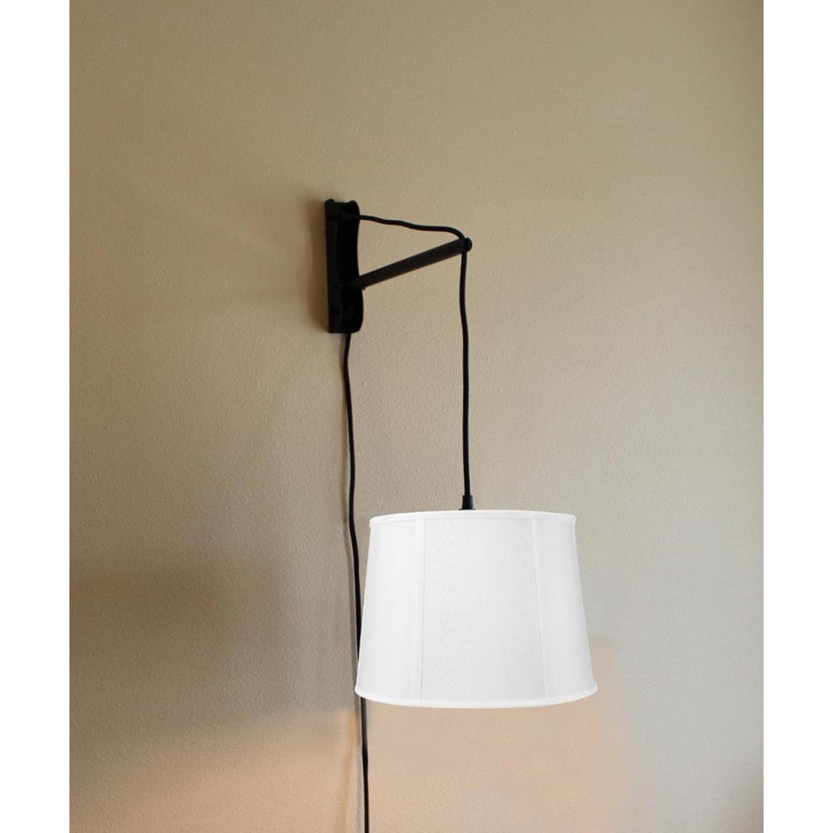 12"W MAST Plug-In Wall Mount Pendant 1 Light Black Cord/Arm Drum White Shade
