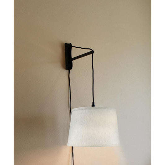 12"W MAST Plug-In Wall Mount Pendant 1 Light Black Cord/Arm Shallow Drum Textured Oatmeal Shade