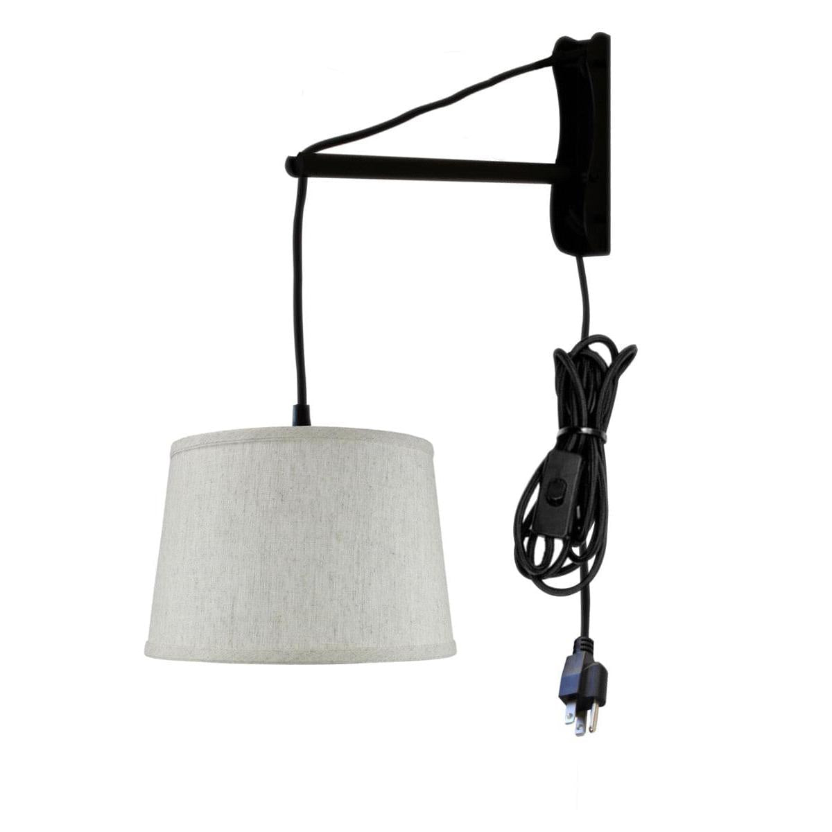 12"W MAST Plug-In Wall Mount Pendant 1 Light Black Cord/Arm Shallow Drum Textured Oatmeal Shade
