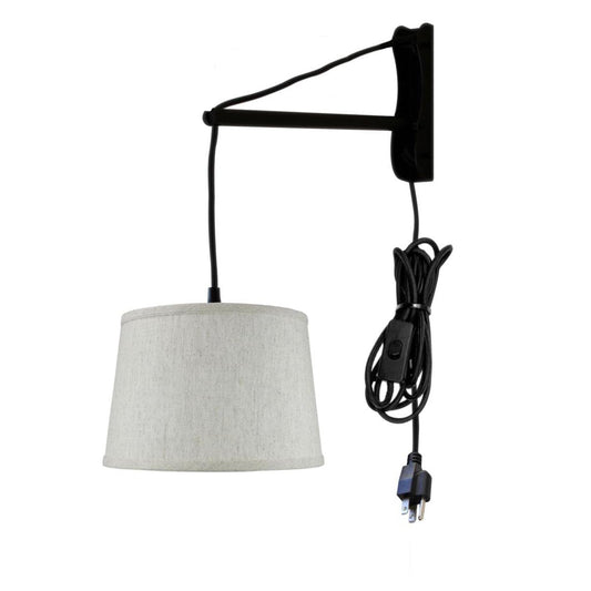 12"W MAST Plug-In Wall Mount Pendant 1 Light Black Cord/Arm Shallow Drum Textured Oatmeal Shade