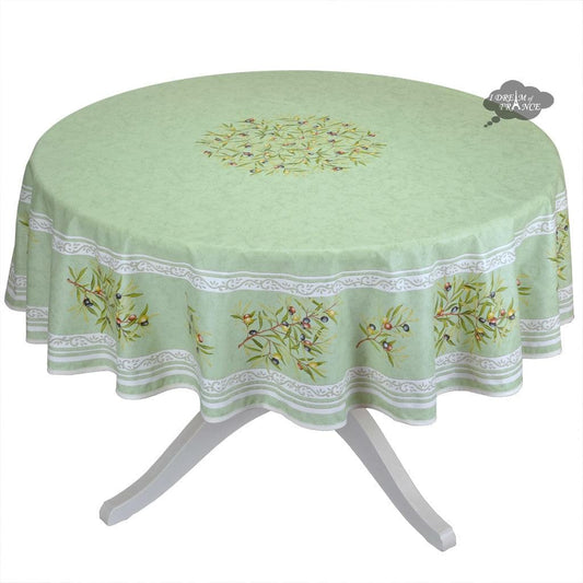 French Provencal tablecloth - Cotton, natural or acrylic-coated - 70" round - Clos des Oliviers green | Label France