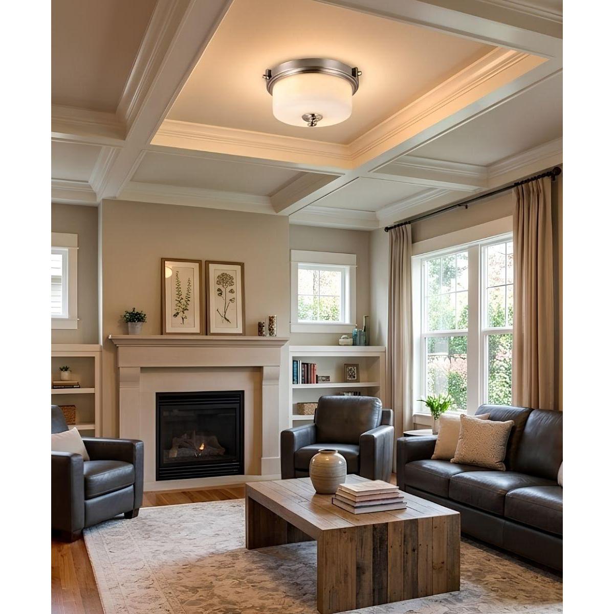 a living room with a fireplace and couches