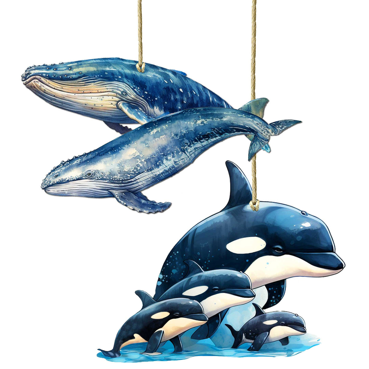 Alaskan Whale and Orca Eco Wood Ornaments Set of 2 by G. Debrekht - Wildlife Holiday Decor - 8091323S2