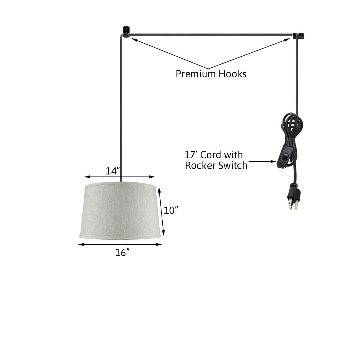 14"W 1 Light Swag Plug-In Pendant  Shallow Drum Textured Oatmeal Shade Black Cord