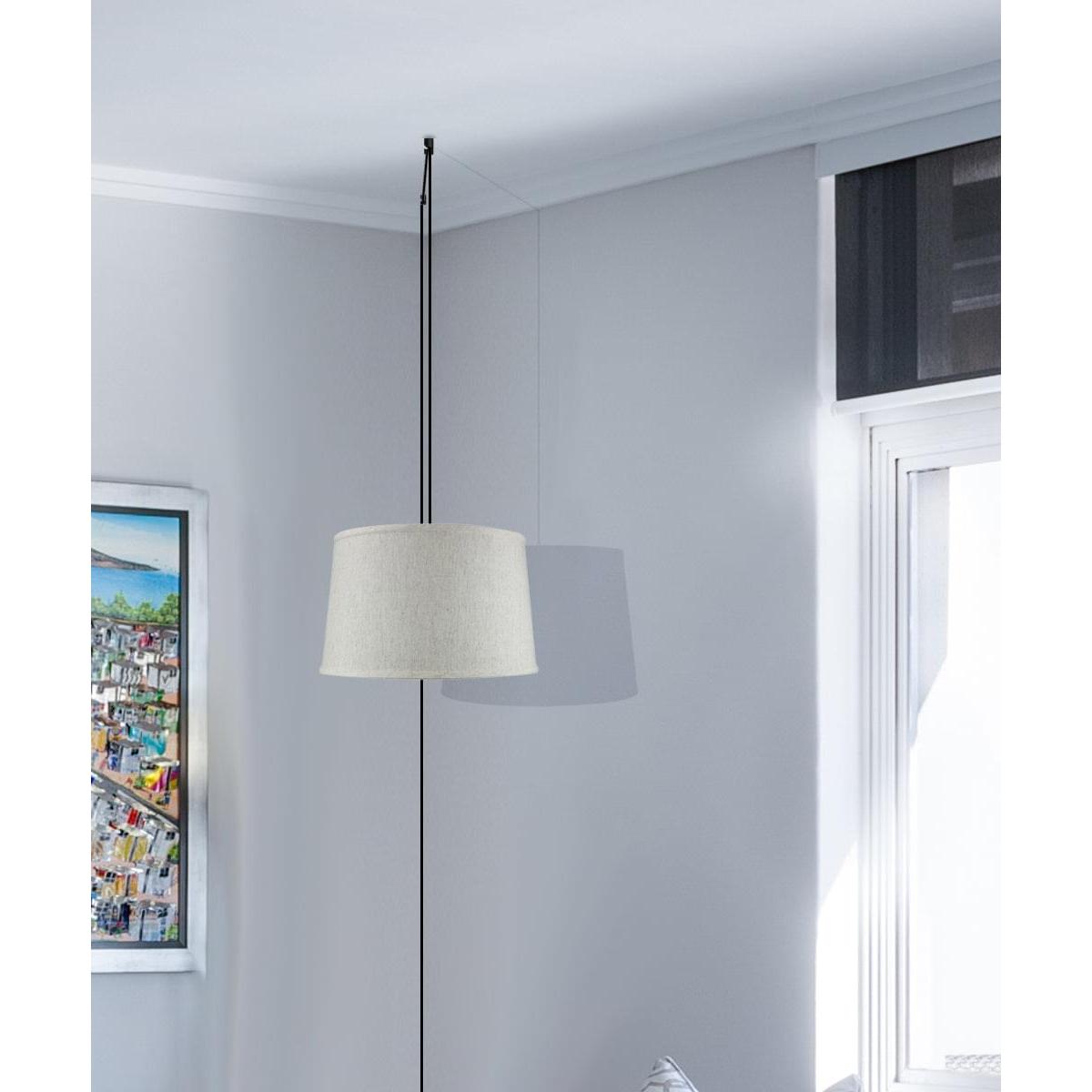 14"W 1 Light Swag Plug-In Pendant  Shallow Drum Textured Oatmeal Shade Black Cord