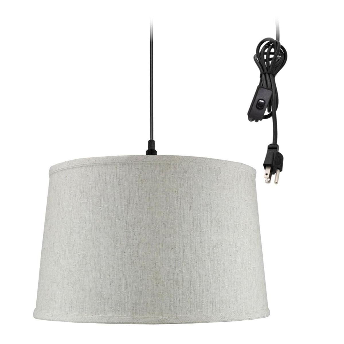 14"W 1 Light Swag Plug-In Pendant  Shallow Drum Textured Oatmeal Shade Black Cord