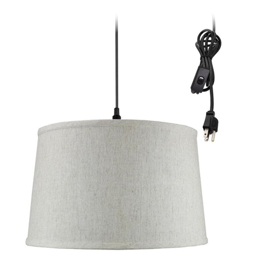 14"W 1 Light Swag Plug-In Pendant  Shallow Drum Textured Oatmeal Shade Black Cord
