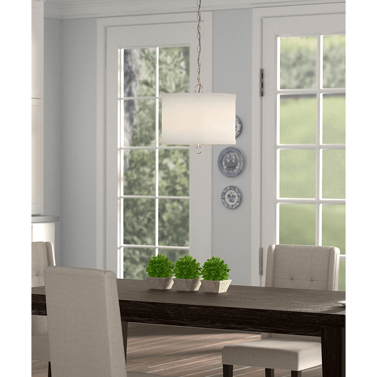 14"W Light Pendant Brushed Nickel Finish with Oatmeal Linen Shade