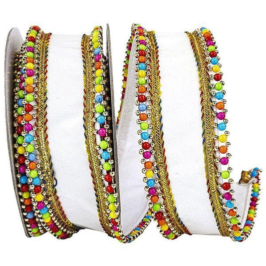 1.5" Beaded Candy Edge Ribbon: White (5 Yards)