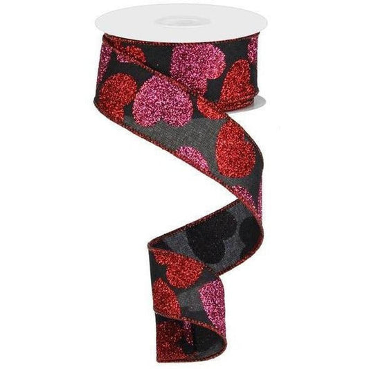 1.5" Bold Glitter Hearts Royal Ribbon: Black (10 Yards)