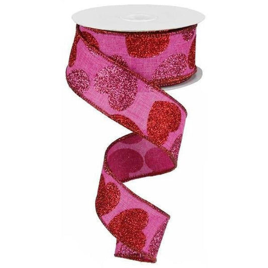 1.5" Bold Glitter Hearts Royal Ribbon: Pink (10 Yards)