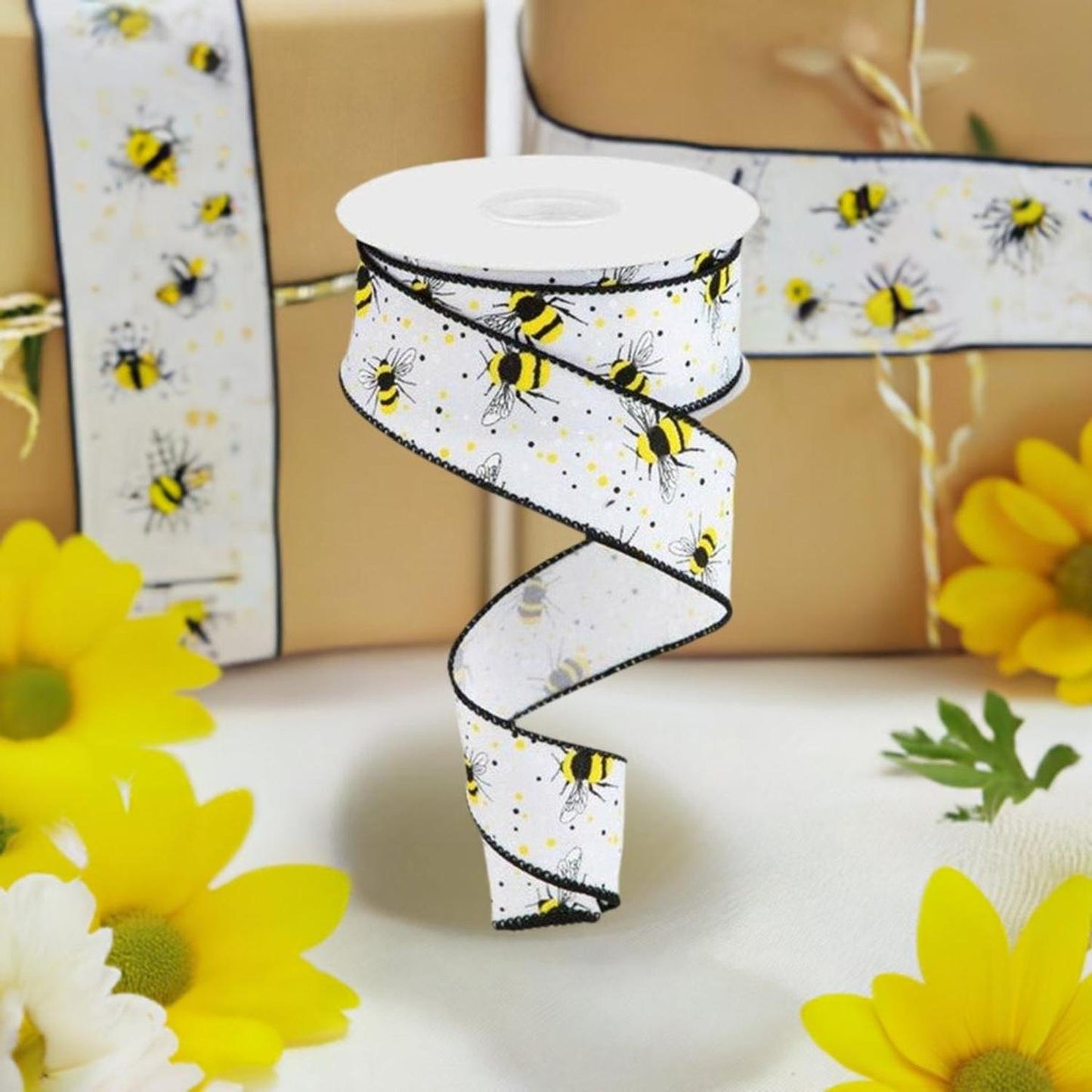 1.5" Bumble Bee On Diagonal Weave Ribbon: White (10 Yards)