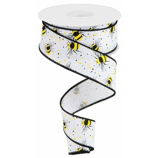 1.5" Bumble Bee On Diagonal Weave Ribbon: White (10 Yards)