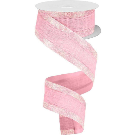 1.5" Canvas On Satin Glitter Ribbon: Light Pink (10 Yards)