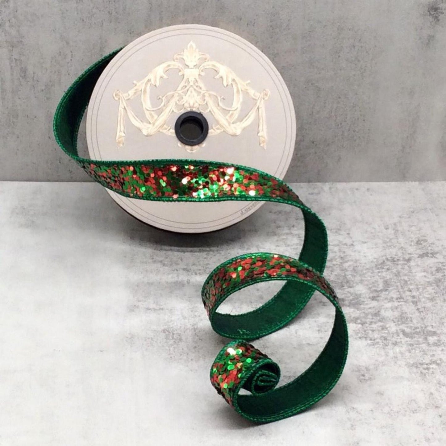 1" Cirque Glitter Ribbon: Emerald Green/Red (10 Yards)