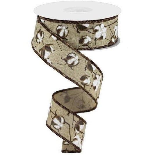1.5" Cotton Pod Ribbon: Brown & White (10 Yards)