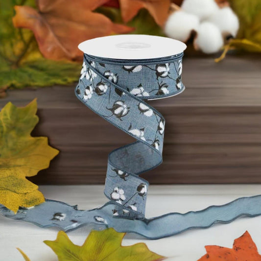 1.5" Cotton Pod Ribbon: Faded Denim & White (10 Yards)